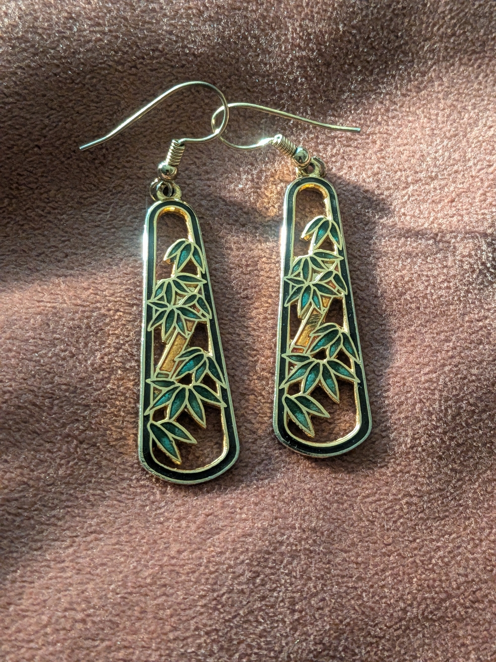 Vintage Gold-tone bamboo dangle earrings feature green enamel inlay tapered Tri